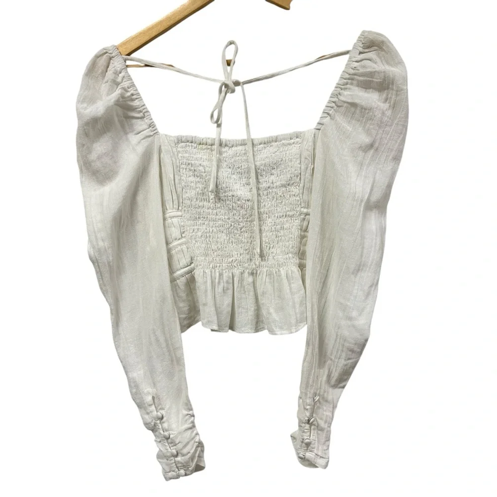 Free‎ People boho Chloe Long Sleeve Top Smocked White Ruffle WHITE COTTAGE CORE
